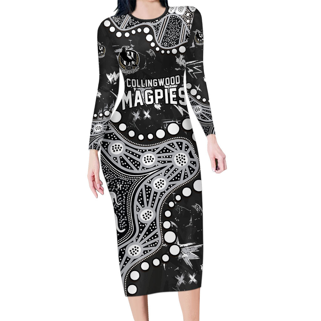 Personalized Collingwood Magpies Long Sleeve Bodycon Dress Aboriginal Pattern with Graffiti Style