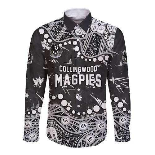 Personalized Collingwood Magpies Long Sleeve Button Shirt Aboriginal Pattern with Graffiti Style