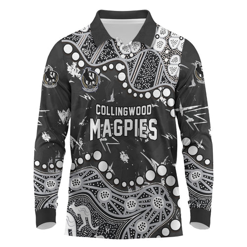 Personalized Collingwood Magpies Long Sleeve Polo Shirt Aboriginal Pattern with Graffiti Style