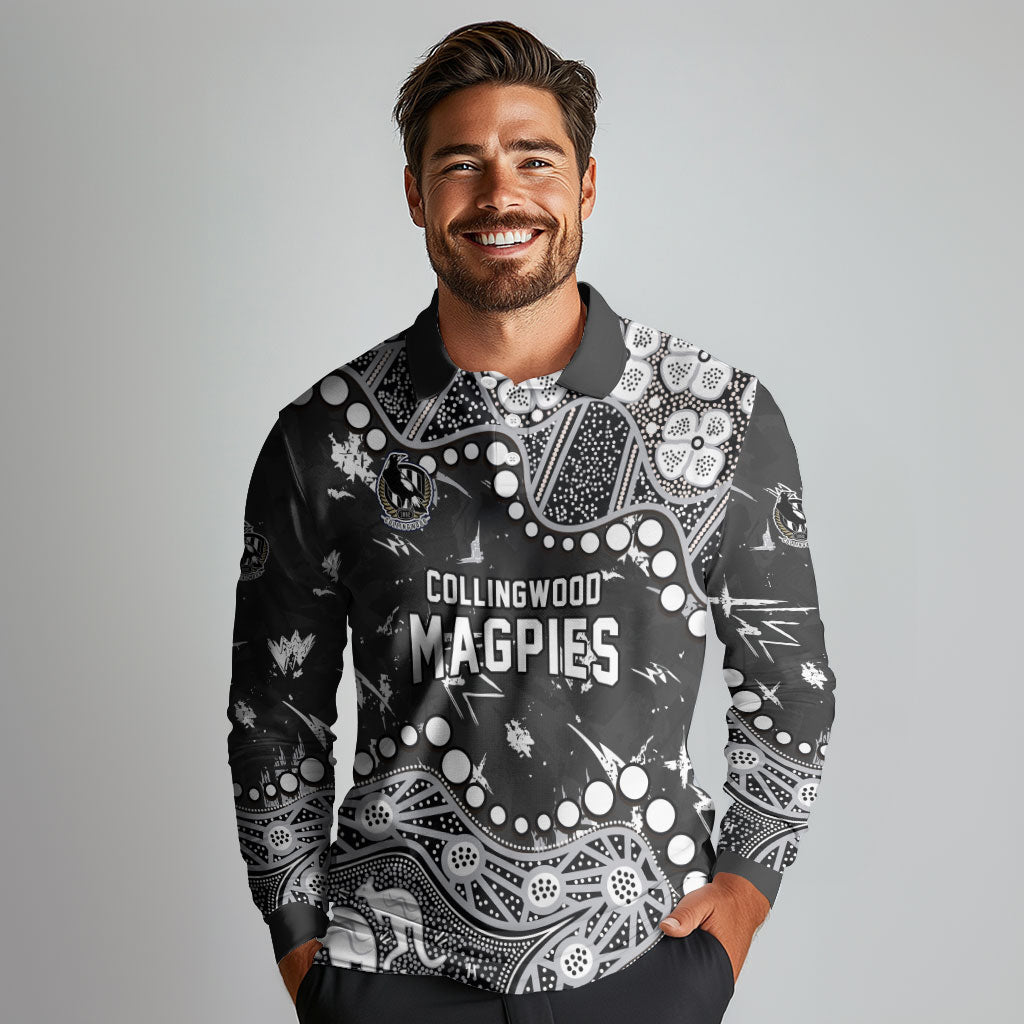 Personalized Collingwood Magpies Long Sleeve Polo Shirt Aboriginal Pattern with Graffiti Style