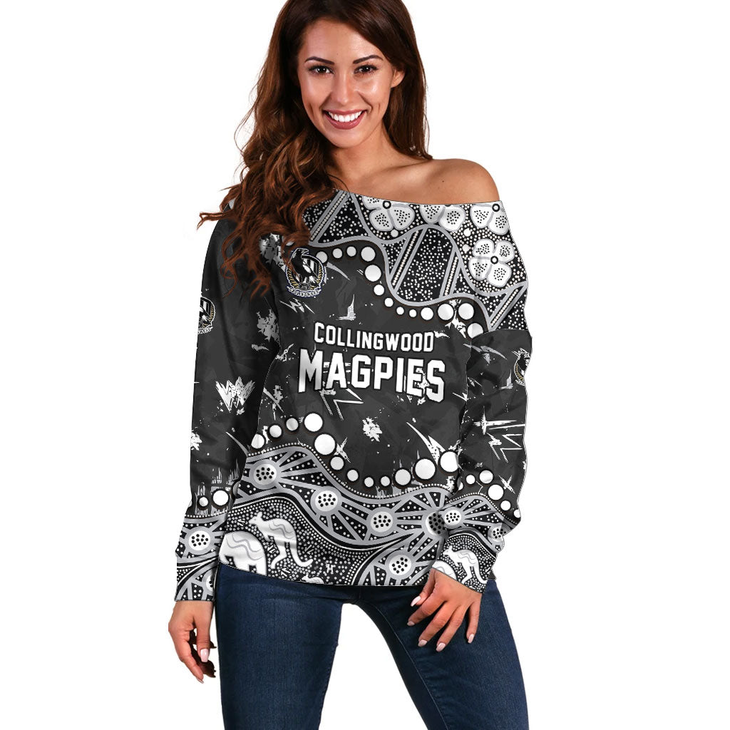 Personalized Collingwood Magpies Off Shoulder Sweater Aboriginal Pattern with Graffiti Style