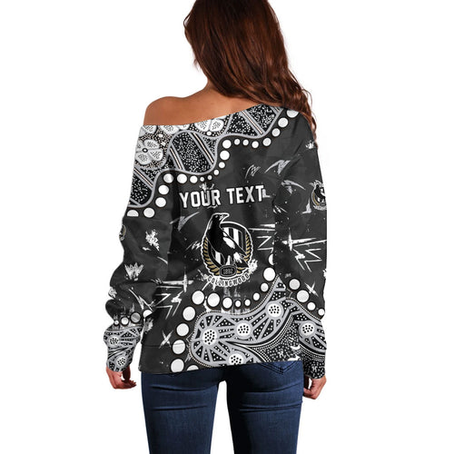 Personalized Collingwood Magpies Off Shoulder Sweater Aboriginal Pattern with Graffiti Style