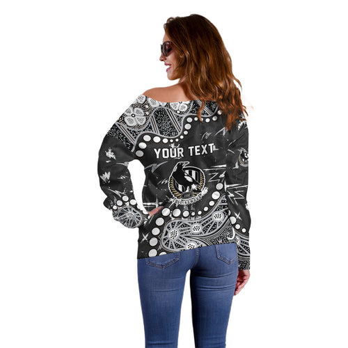Personalized Collingwood Magpies Off Shoulder Sweater Aboriginal Pattern with Graffiti Style