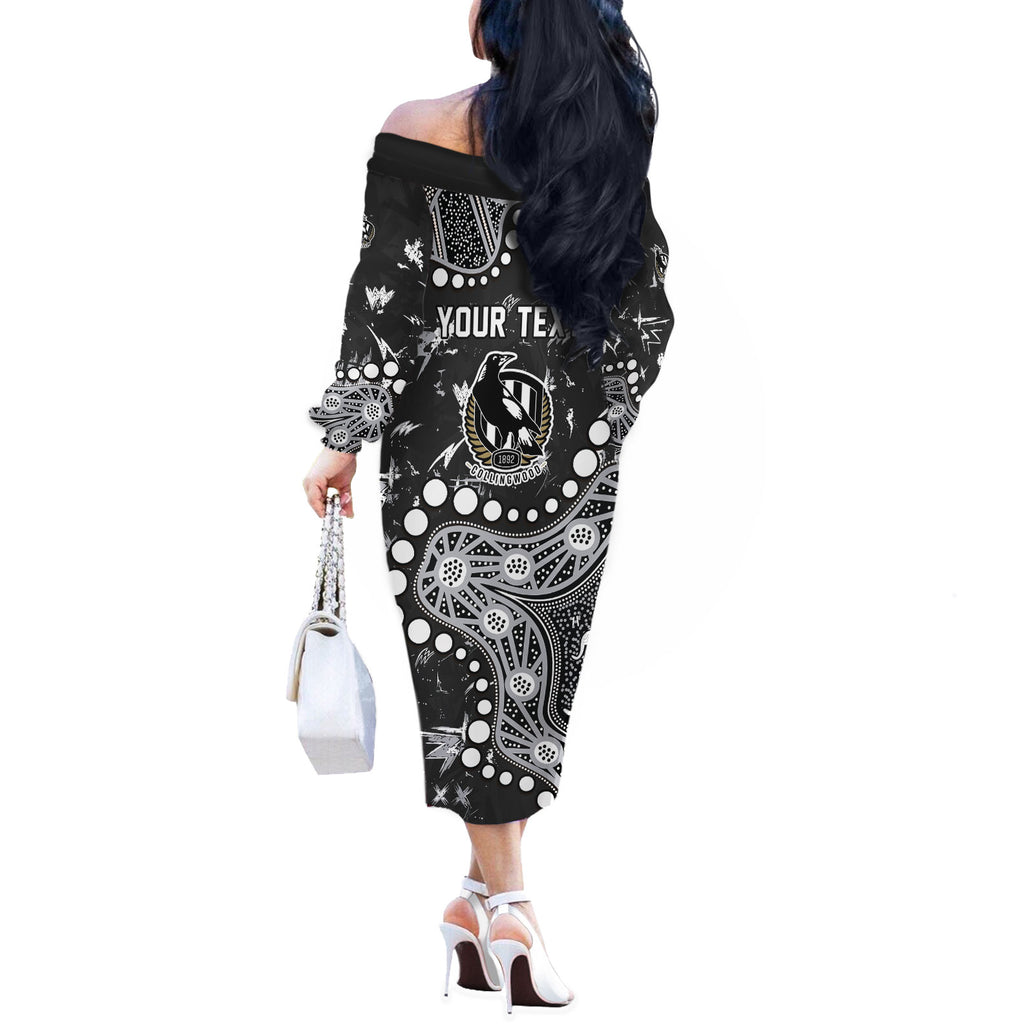 Personalized Collingwood Magpies Off The Shoulder Long Sleeve Dress Aboriginal Pattern with Graffiti Style