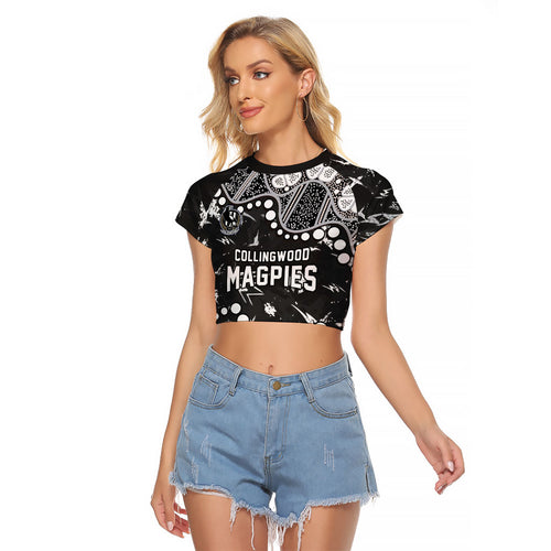 Personalized Collingwood Magpies Raglan Cropped T Shirt Aboriginal Pattern with Graffiti Style