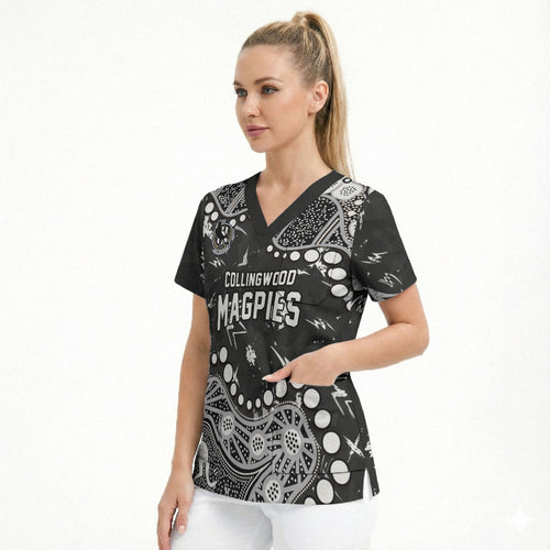 Personalized Collingwood Magpies Scrub Top Aboriginal Pattern with Graffiti Style