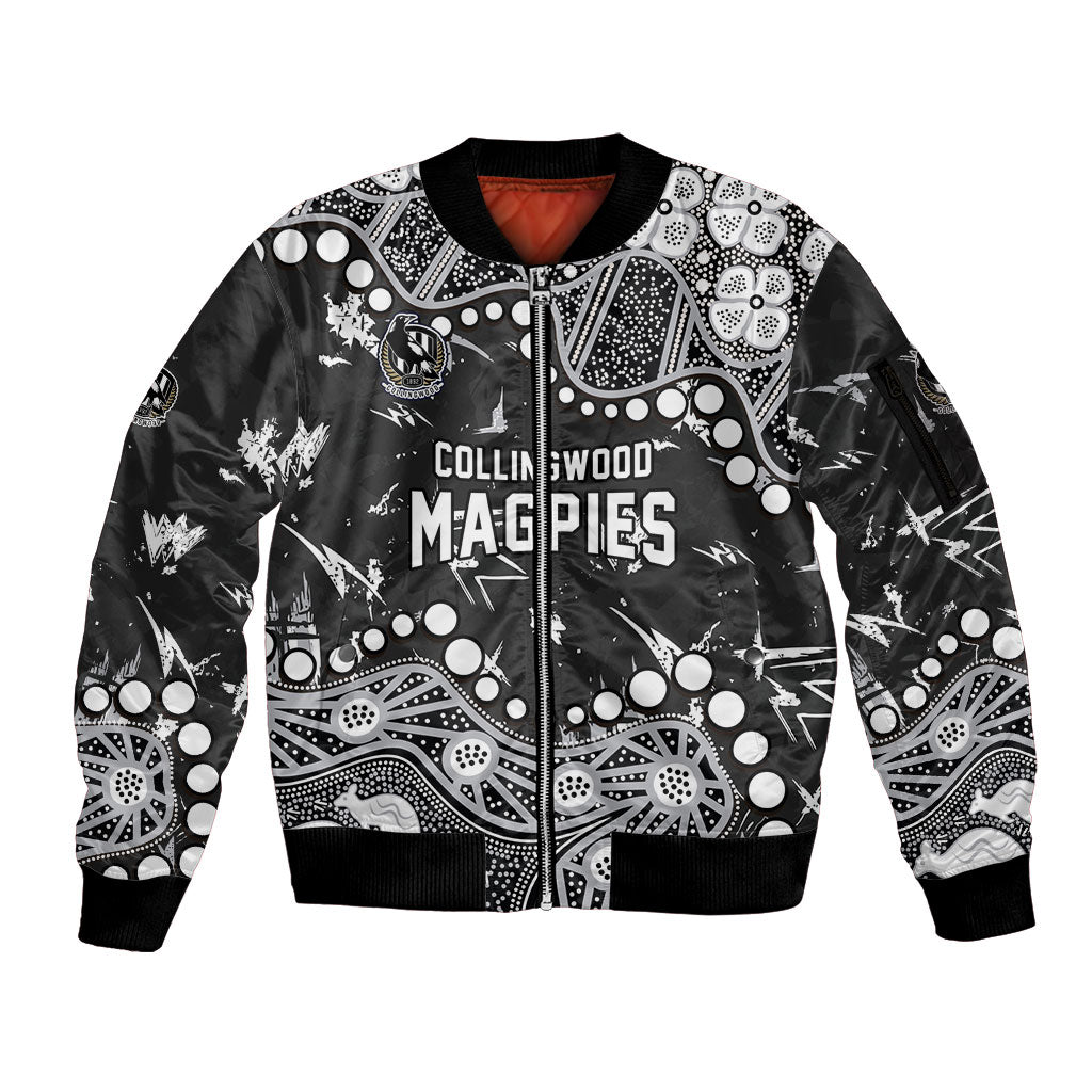Personalized Collingwood Magpies Sleeve Zip Bomber Jacket Aboriginal Pattern with Graffiti Style