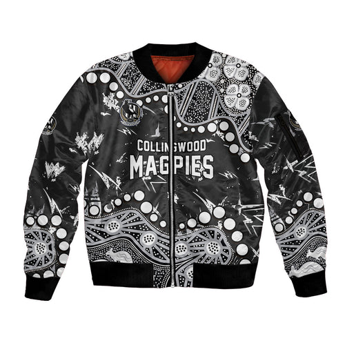 Personalized Collingwood Magpies Sleeve Zip Bomber Jacket Aboriginal Pattern with Graffiti Style