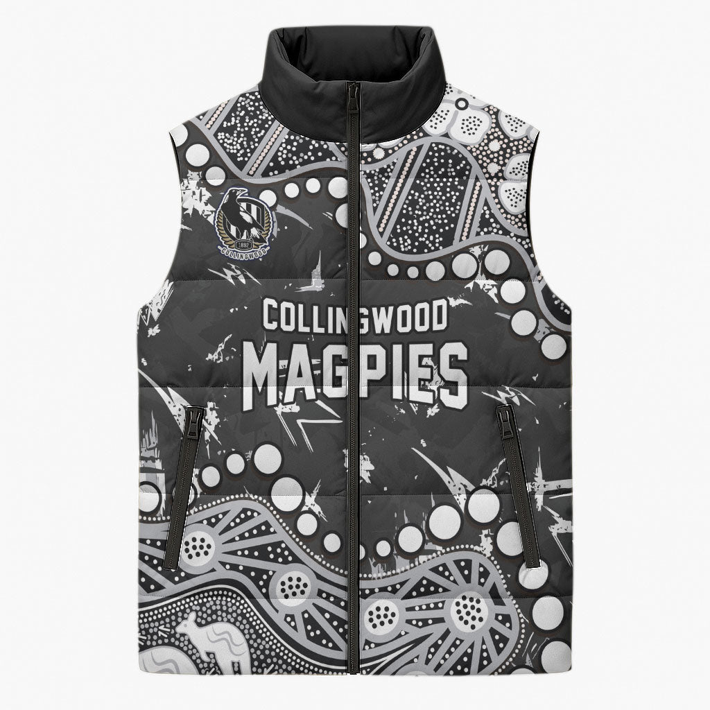 Personalized Collingwood Magpies Sleeveless Puffer Jacket Aboriginal Pattern with Graffiti Style