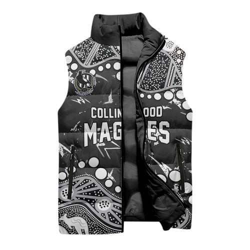 Personalized Collingwood Magpies Sleeveless Puffer Jacket Aboriginal Pattern with Graffiti Style