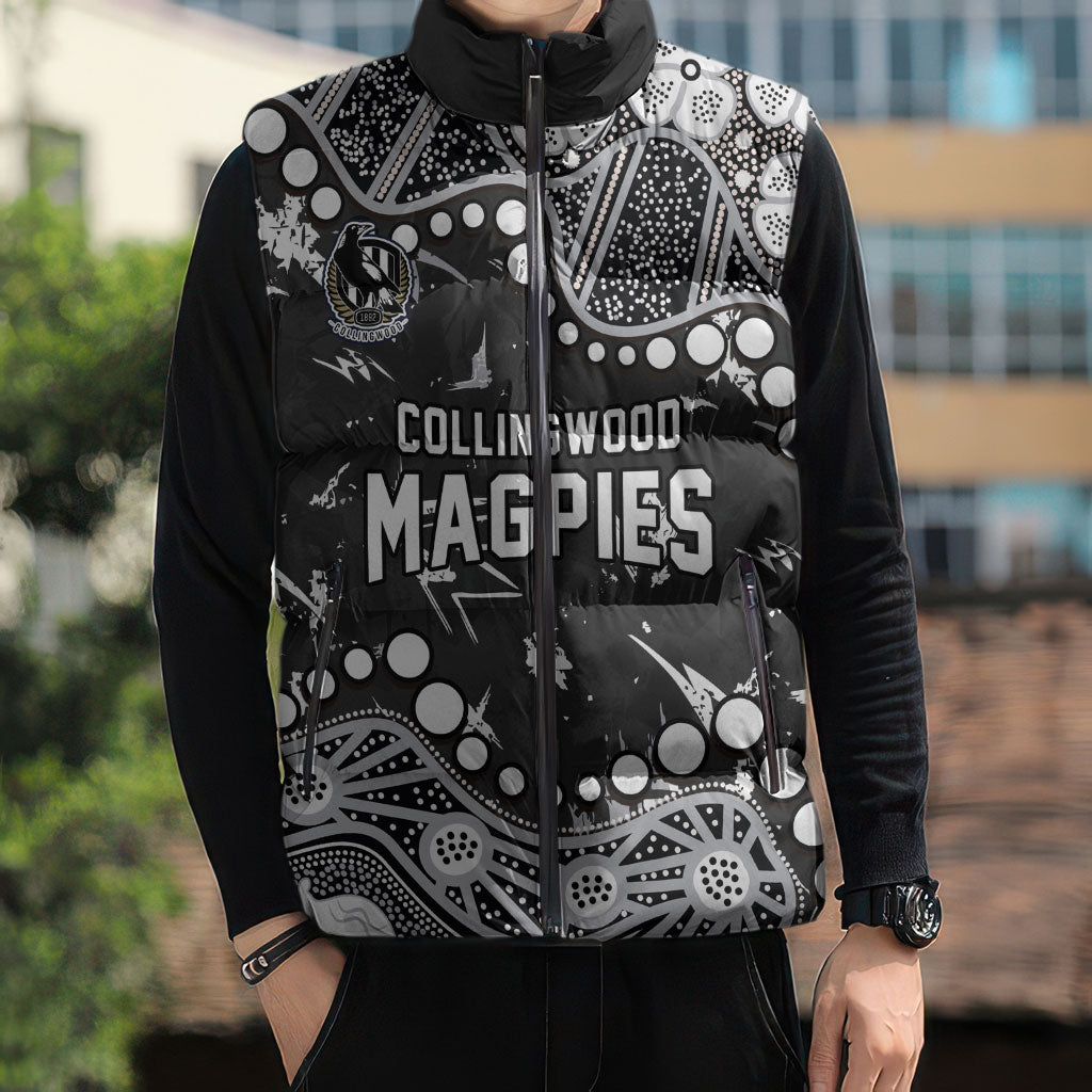 Personalized Collingwood Magpies Sleeveless Puffer Jacket Aboriginal Pattern with Graffiti Style