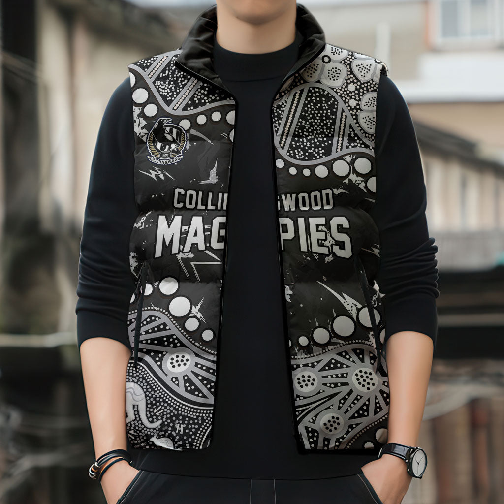 Personalized Collingwood Magpies Sleeveless Puffer Jacket Aboriginal Pattern with Graffiti Style