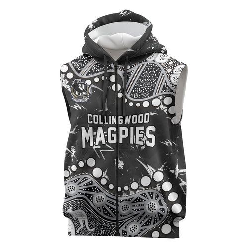 Personalized Collingwood Magpies Sleeveless Zip Hoodie Aboriginal Pattern with Graffiti Style