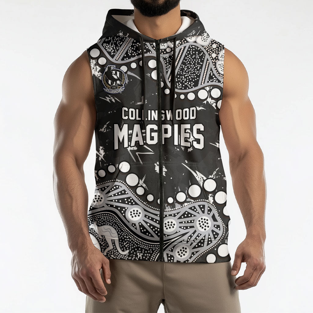 Personalized Collingwood Magpies Sleeveless Zip Hoodie Aboriginal Pattern with Graffiti Style