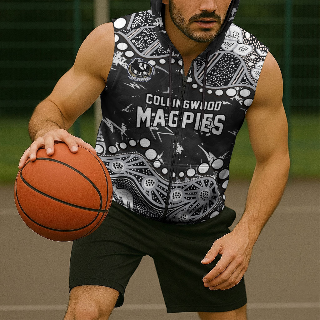 Personalized Collingwood Magpies Sleeveless Zip Hoodie Aboriginal Pattern with Graffiti Style