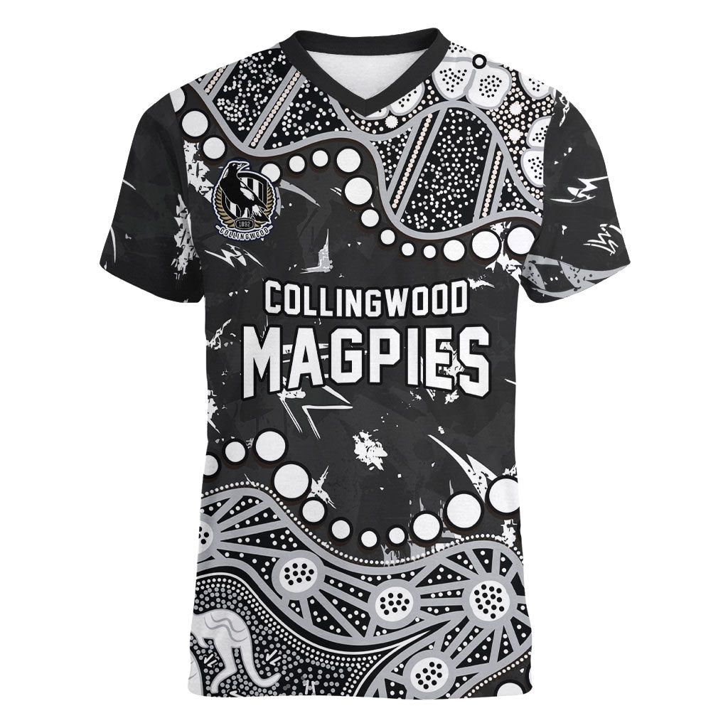 Personalized Collingwood Magpies Women V-Neck T-Shirt Aboriginal Pattern with Graffiti Style