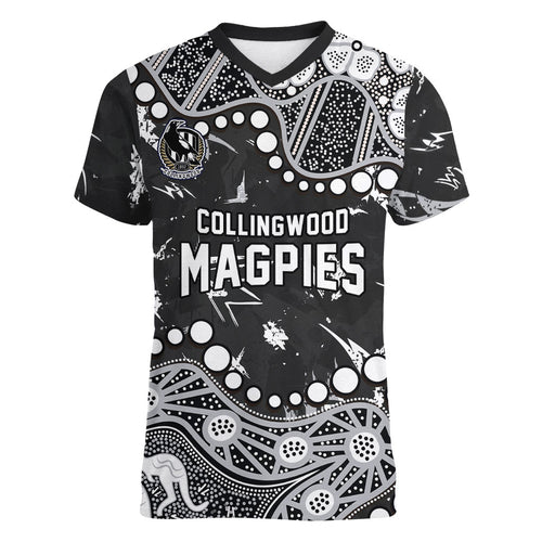 Personalized Collingwood Magpies Women V-Neck T-Shirt Aboriginal Pattern with Graffiti Style