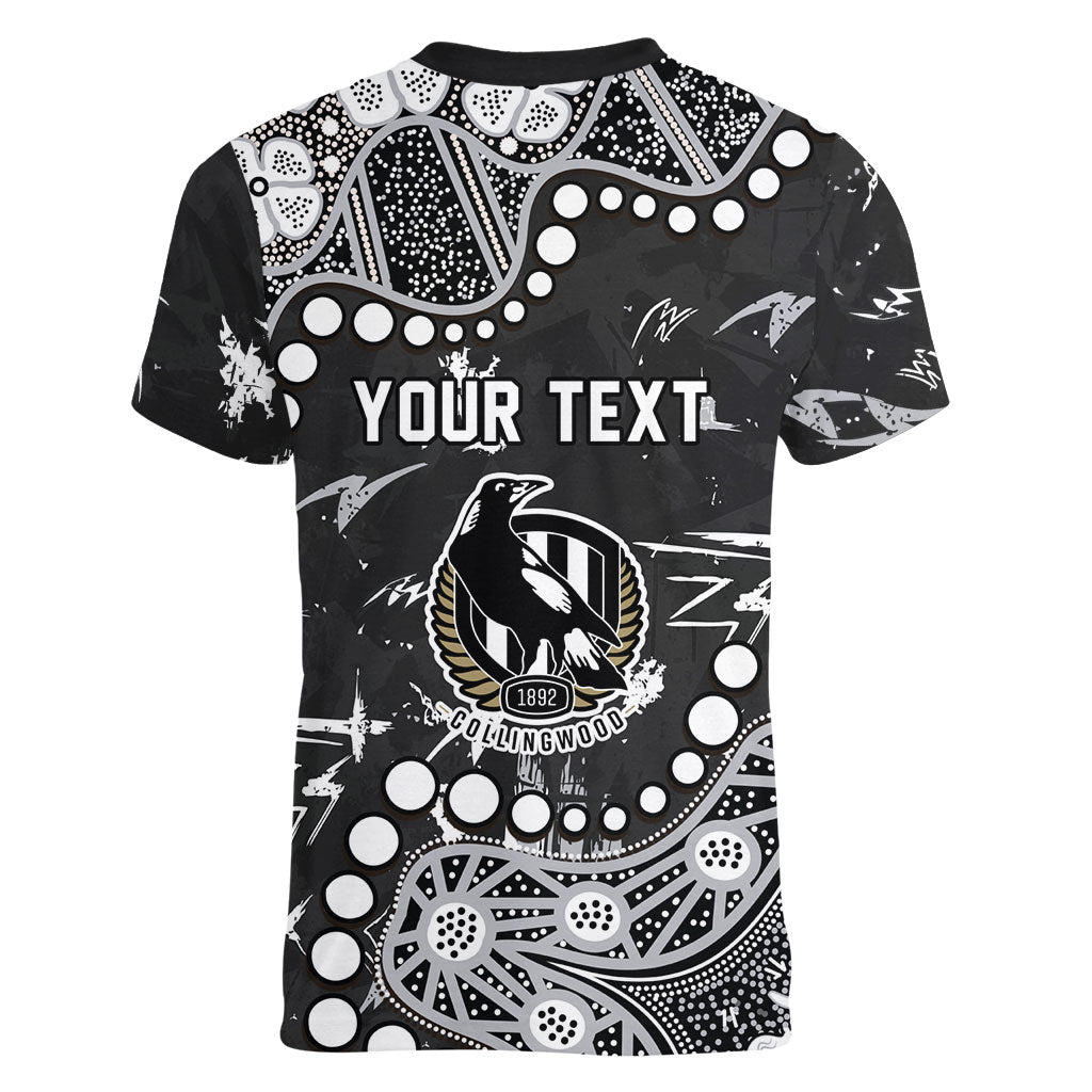 Personalized Collingwood Magpies Women V-Neck T-Shirt Aboriginal Pattern with Graffiti Style