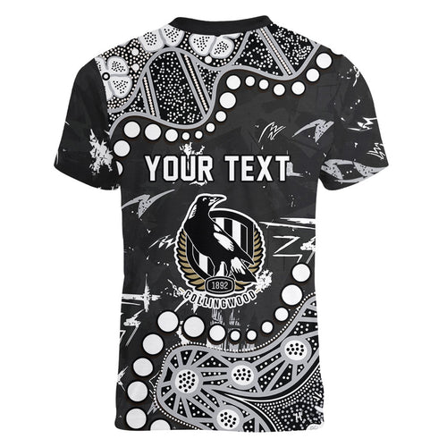 Personalized Collingwood Magpies Women V-Neck T-Shirt Aboriginal Pattern with Graffiti Style