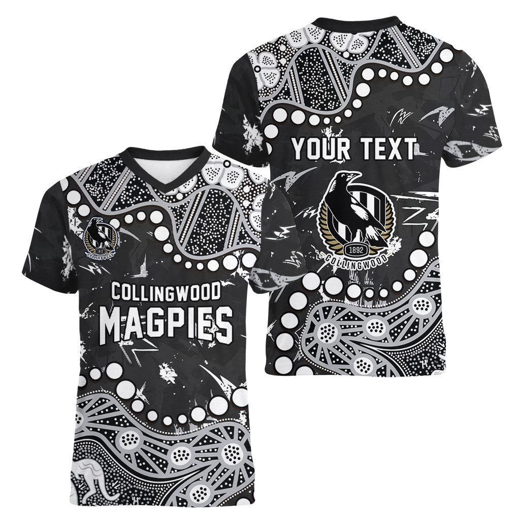 Personalized Collingwood Magpies Women V-Neck T-Shirt Aboriginal Pattern with Graffiti Style