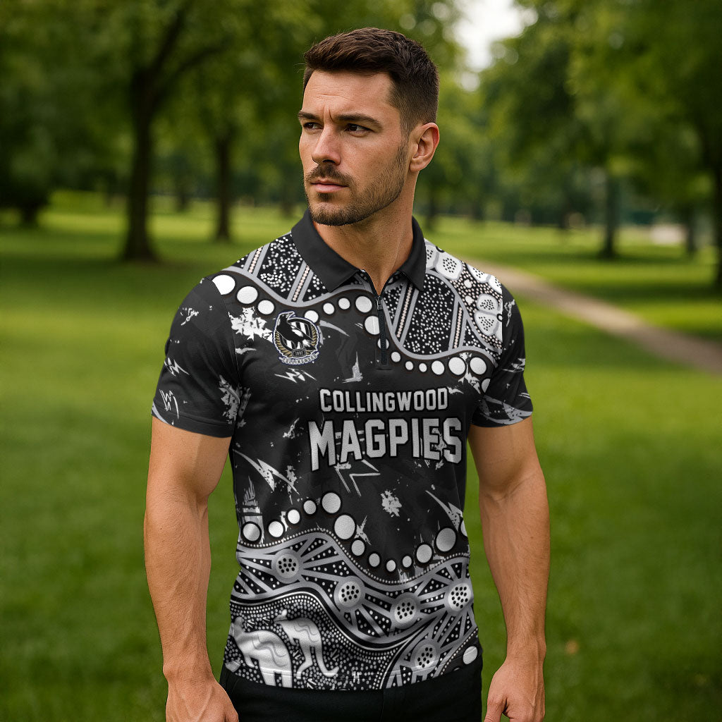 Personalized Collingwood Magpies Zipper Polo Shirt Aboriginal Pattern with Graffiti Style