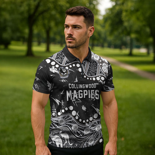 Personalized Collingwood Magpies Zipper Polo Shirt Aboriginal Pattern with Graffiti Style