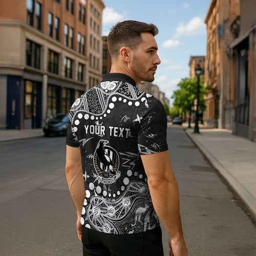Personalized Collingwood Magpies Zipper Polo Shirt Aboriginal Pattern with Graffiti Style