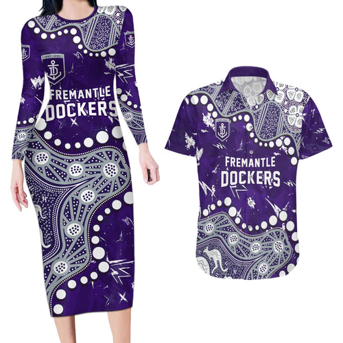 Personalized Fremantle Dockers Couples Matching Long Sleeve Bodycon Dress and Hawaiian Shirt Aboriginal Pattern with Graffiti Style