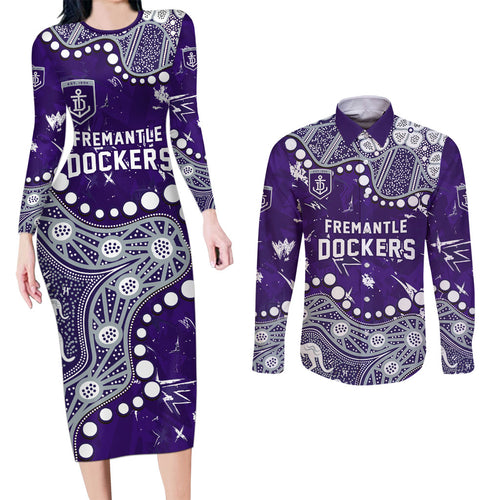 Personalized Fremantle Dockers Couples Matching Long Sleeve Bodycon Dress and Long Sleeve Button Shirt Aboriginal Pattern with Graffiti Style