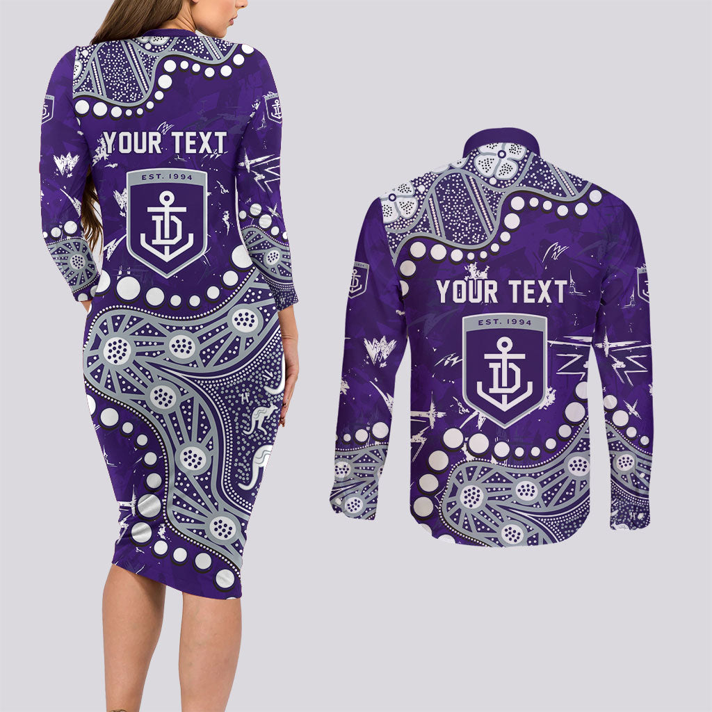 Personalized Fremantle Dockers Couples Matching Long Sleeve Bodycon Dress and Long Sleeve Button Shirt Aboriginal Pattern with Graffiti Style