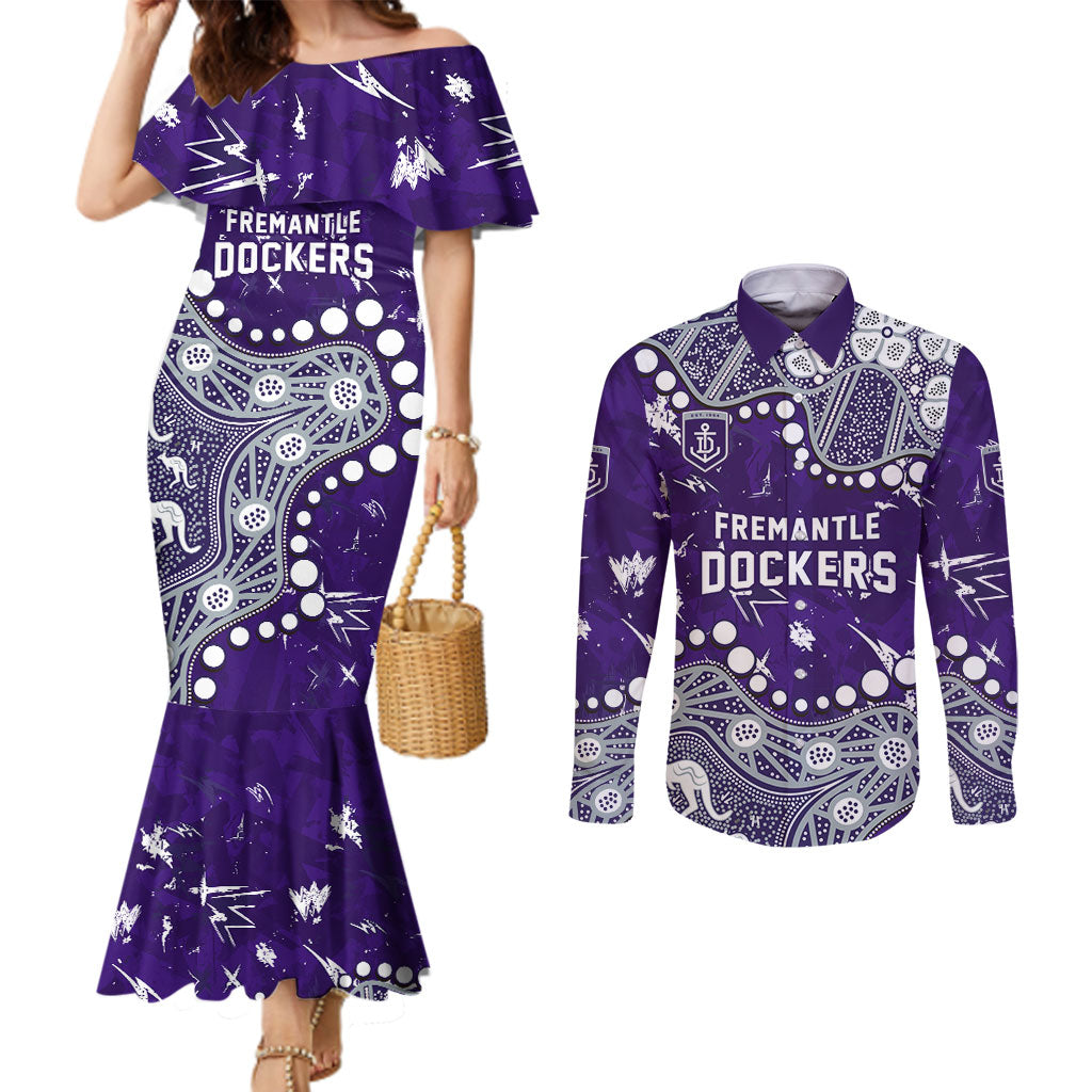 Personalized Fremantle Dockers Couples Matching Mermaid Dress and Long Sleeve Button Shirt Aboriginal Pattern with Graffiti Style