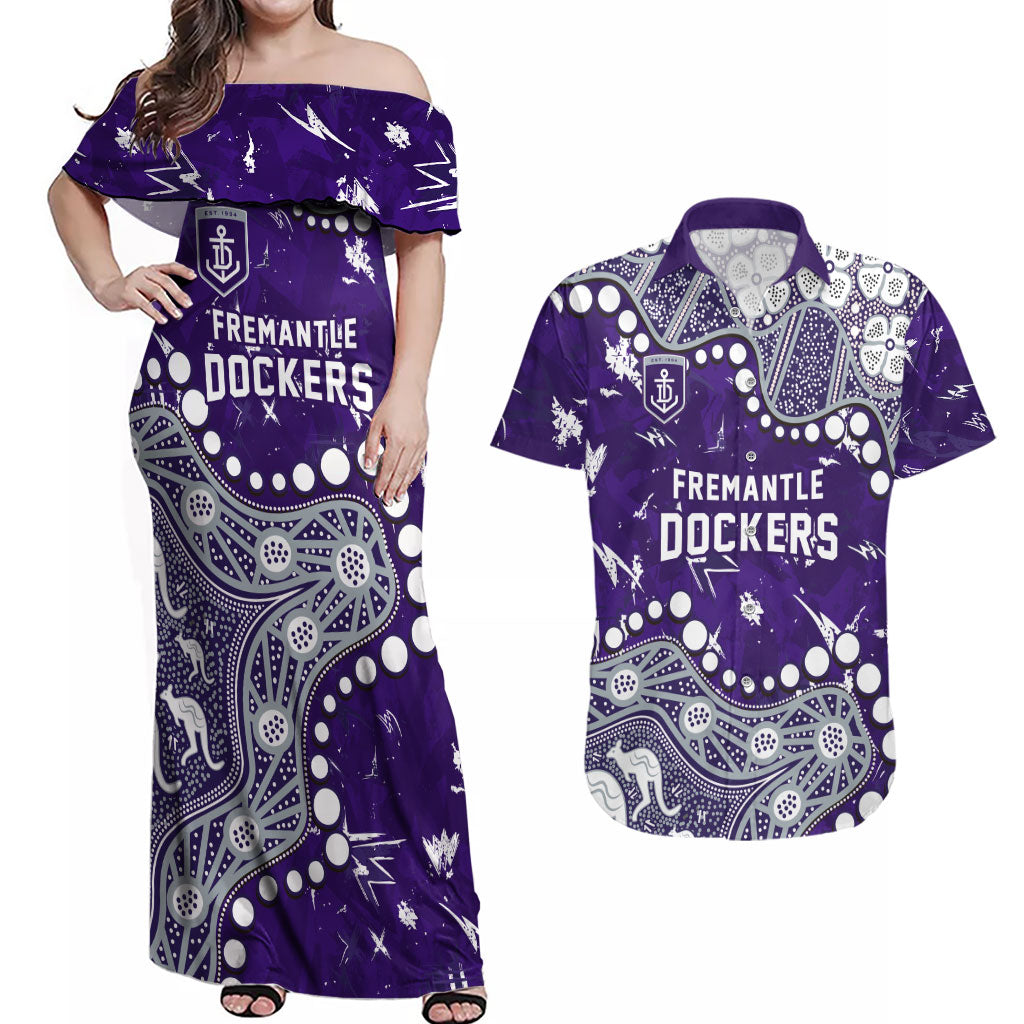 Personalized Fremantle Dockers Couples Matching Off Shoulder Maxi Dress and Hawaiian Shirt Aboriginal Pattern with Graffiti Style