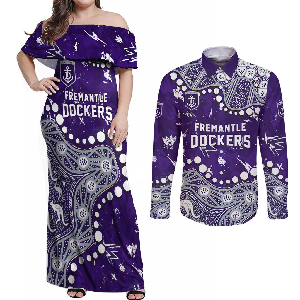 Personalized Fremantle Dockers Couples Matching Off Shoulder Maxi Dress and Long Sleeve Button Shirt Aboriginal Pattern with Graffiti Style