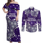 Personalized Fremantle Dockers Couples Matching Off Shoulder Maxi Dress and Long Sleeve Button Shirt Aboriginal Pattern with Graffiti Style