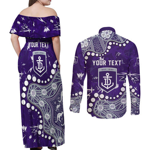 Personalized Fremantle Dockers Couples Matching Off Shoulder Maxi Dress and Long Sleeve Button Shirt Aboriginal Pattern with Graffiti Style