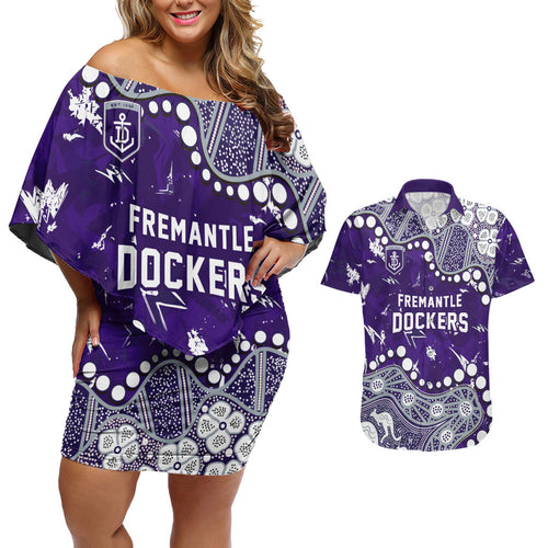 Personalized Fremantle Dockers Couples Matching Off Shoulder Short Dress and Hawaiian Shirt Aboriginal Pattern with Graffiti Style