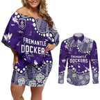 Personalized Fremantle Dockers Couples Matching Off Shoulder Short Dress and Long Sleeve Button Shirt Aboriginal Pattern with Graffiti Style