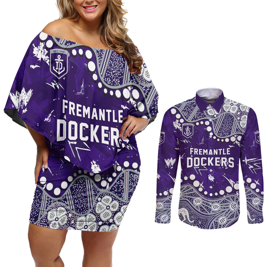 Personalized Fremantle Dockers Couples Matching Off Shoulder Short Dress and Long Sleeve Button Shirt Aboriginal Pattern with Graffiti Style