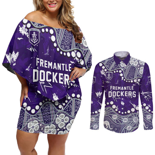 Personalized Fremantle Dockers Couples Matching Off Shoulder Short Dress and Long Sleeve Button Shirt Aboriginal Pattern with Graffiti Style