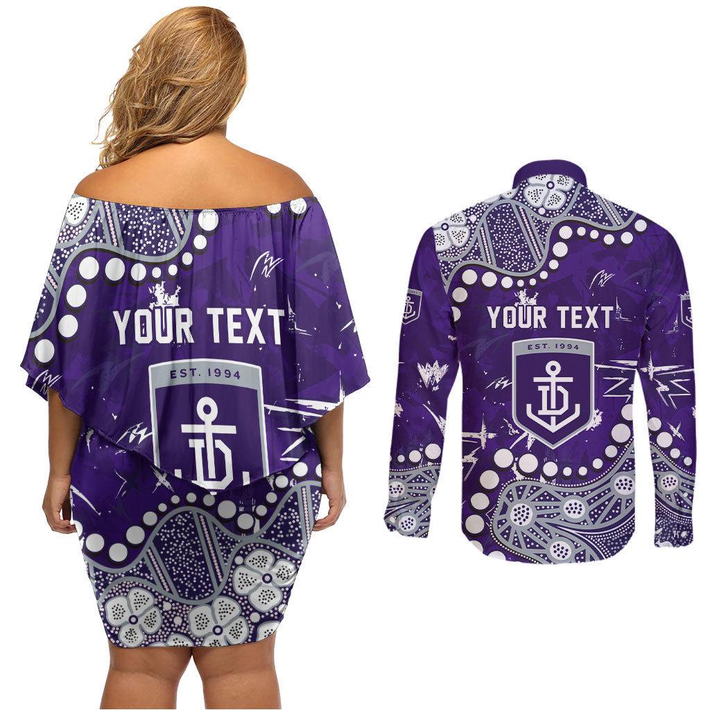 Personalized Fremantle Dockers Couples Matching Off Shoulder Short Dress and Long Sleeve Button Shirt Aboriginal Pattern with Graffiti Style