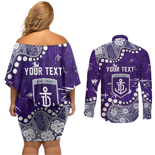 Personalized Fremantle Dockers Couples Matching Off Shoulder Short Dress and Long Sleeve Button Shirt Aboriginal Pattern with Graffiti Style