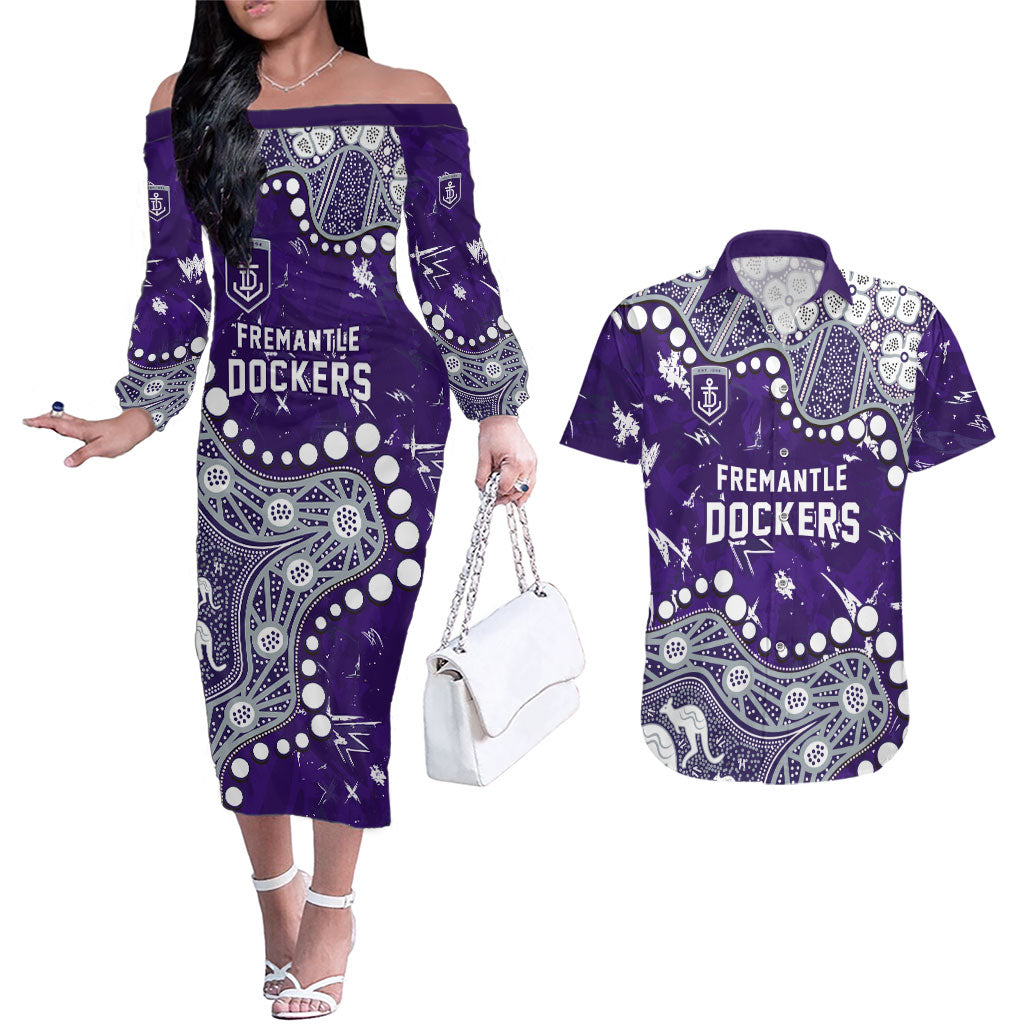 Personalized Fremantle Dockers Couples Matching Off The Shoulder Long Sleeve Dress and Hawaiian Shirt Aboriginal Pattern with Graffiti Style