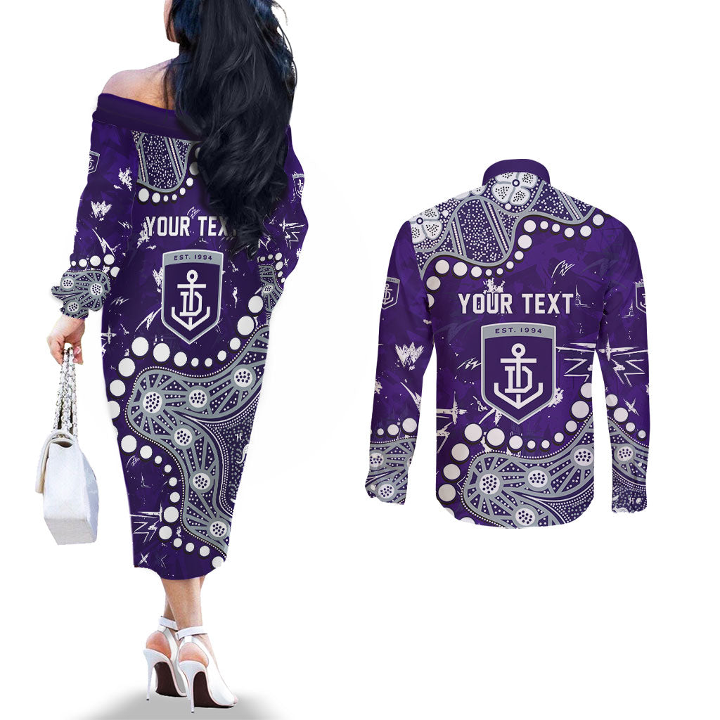 Personalized Fremantle Dockers Couples Matching Off The Shoulder Long Sleeve Dress and Long Sleeve Button Shirt Aboriginal Pattern with Graffiti Style