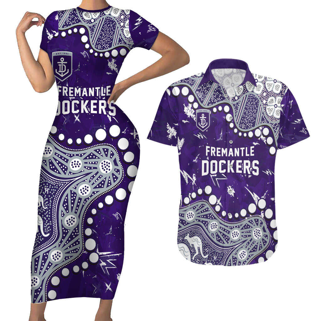 Personalized Fremantle Dockers Couples Matching Short Sleeve Bodycon Dress and Hawaiian Shirt Aboriginal Pattern with Graffiti Style