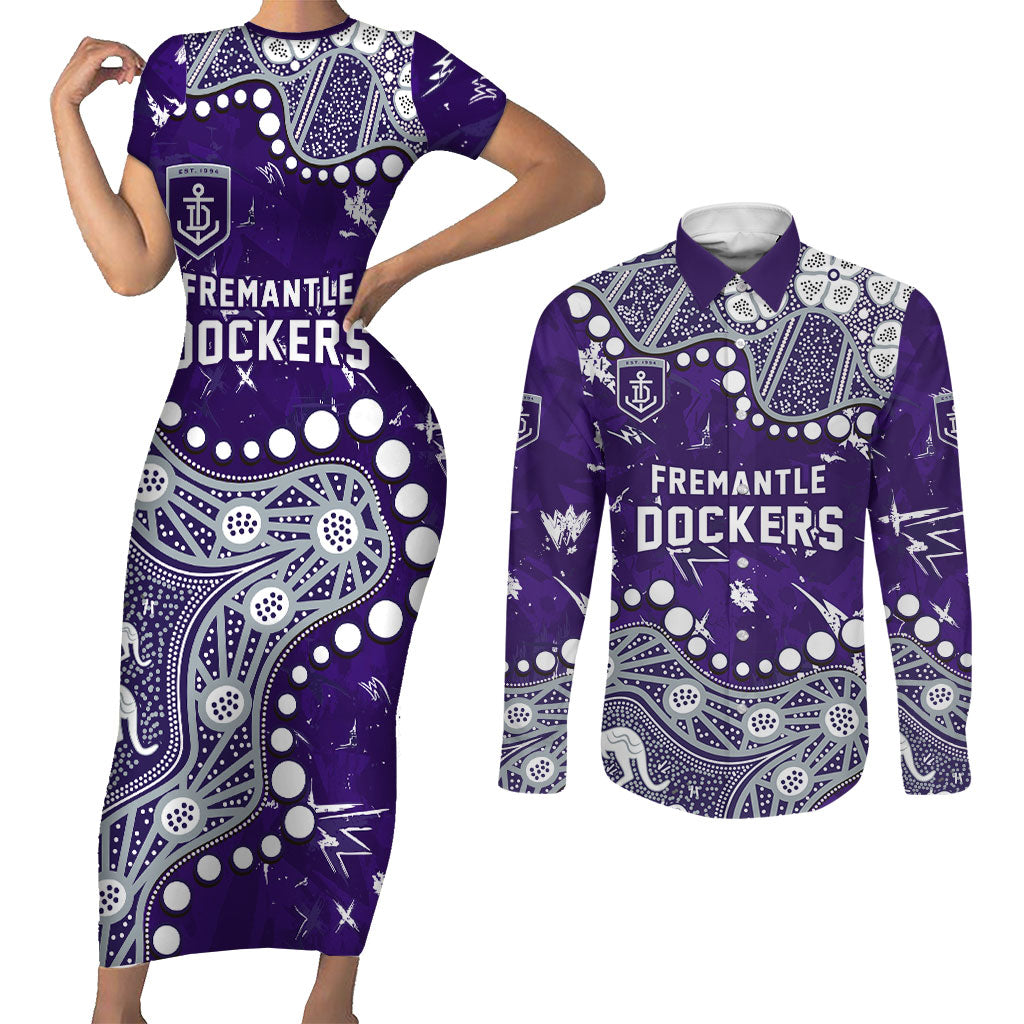 Personalized Fremantle Dockers Couples Matching Short Sleeve Bodycon Dress and Long Sleeve Button Shirt Aboriginal Pattern with Graffiti Style