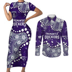 Personalized Fremantle Dockers Couples Matching Short Sleeve Bodycon Dress and Long Sleeve Button Shirt Aboriginal Pattern with Graffiti Style