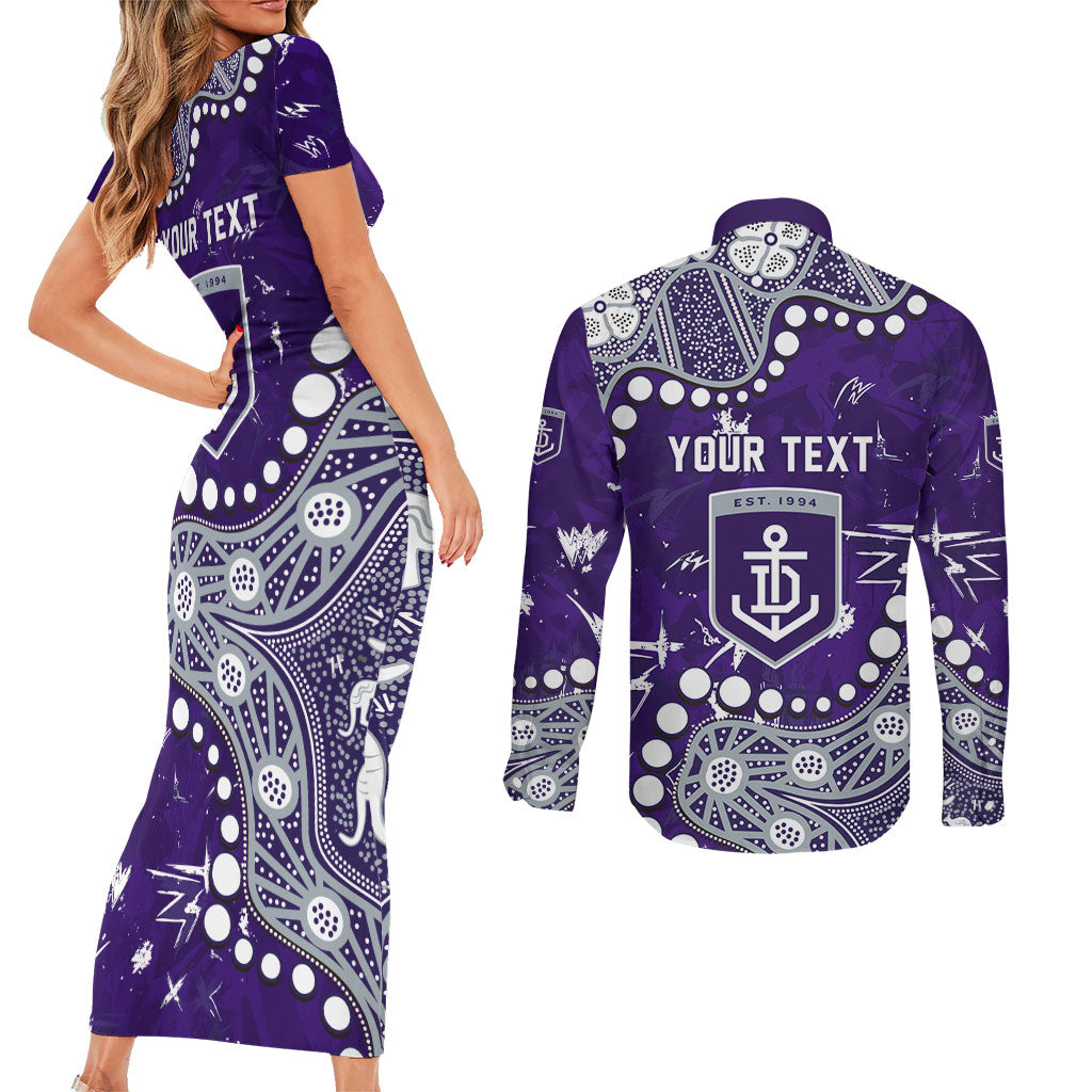 Personalized Fremantle Dockers Couples Matching Short Sleeve Bodycon Dress and Long Sleeve Button Shirt Aboriginal Pattern with Graffiti Style