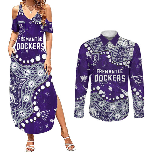 Personalized Fremantle Dockers Couples Matching Summer Maxi Dress and Long Sleeve Button Shirt Aboriginal Pattern with Graffiti Style
