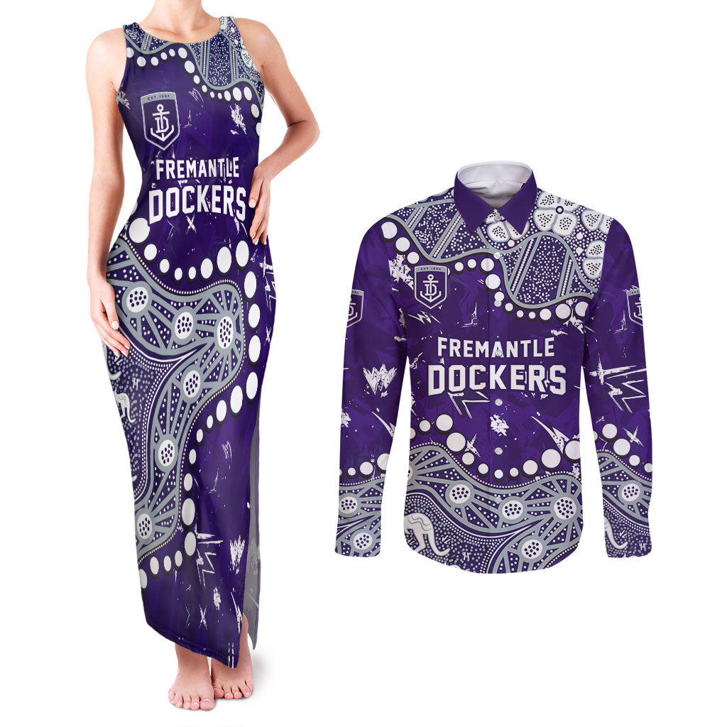 Personalized Fremantle Dockers Couples Matching Tank Maxi Dress and Long Sleeve Button Shirt Aboriginal Pattern with Graffiti Style