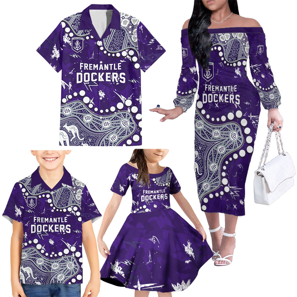 Personalized Fremantle Dockers Family Matching Off The Shoulder Long Sleeve Dress and Hawaiian Shirt Aboriginal Pattern with Graffiti Style